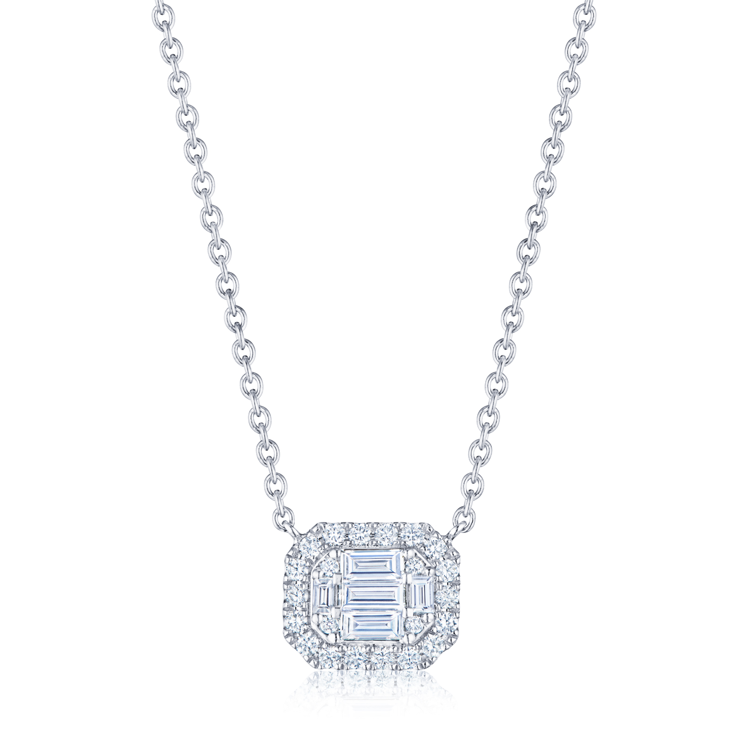 Sunburst Emerald Cut Diamond East-West Pendant with Halo in 18K White ...